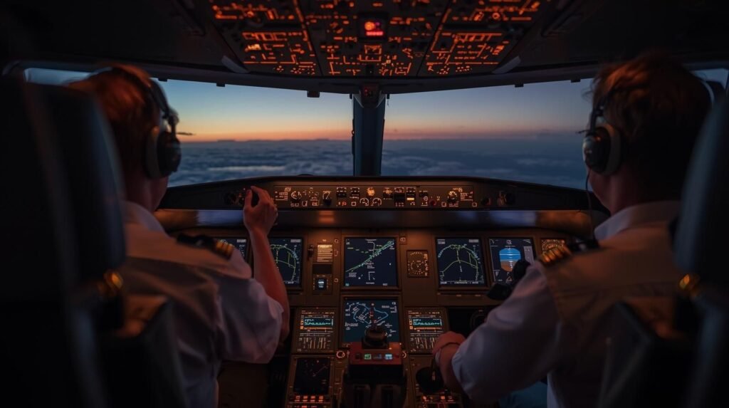 Pilots inside Boeing 787 cockpit adjusting controls during United Christchurch SFO diverted Honolulu flight at dusk, showing navigation toward Hawaii.
