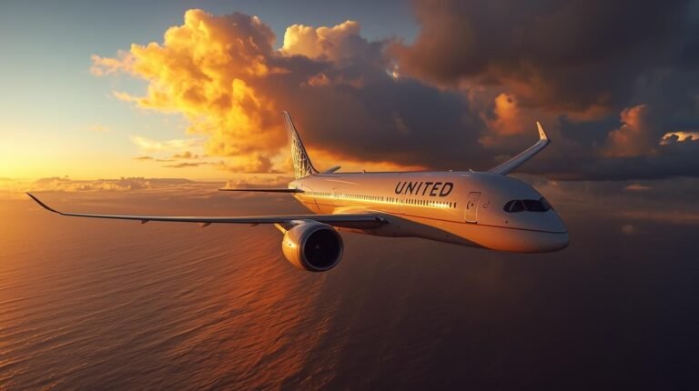 United Airlines Boeing 787 flying over Pacific Ocean at sunset during united christchurch sfo diverted honolulu flight, dramatic golden sky reflection.
