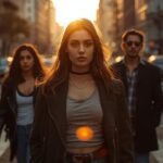Confident young woman leading a group walking through a city street at sunset, symbolizing strength and freedom in the concept of utanmazkzılar.