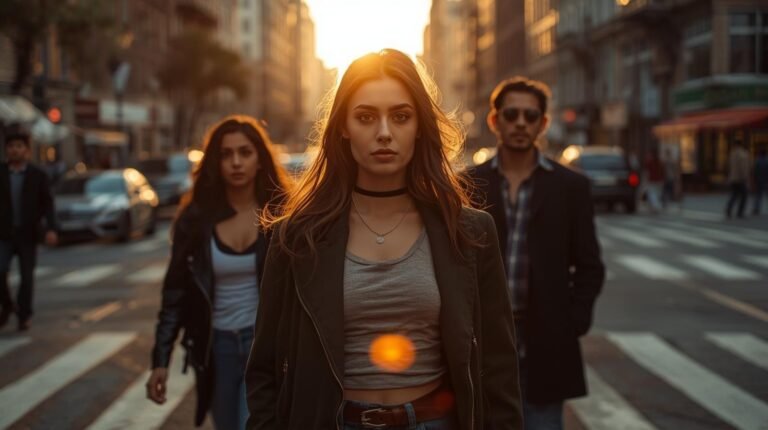 Confident young woman leading a group walking through a city street at sunset, symbolizing strength and freedom in the concept of utanmazkzılar.
