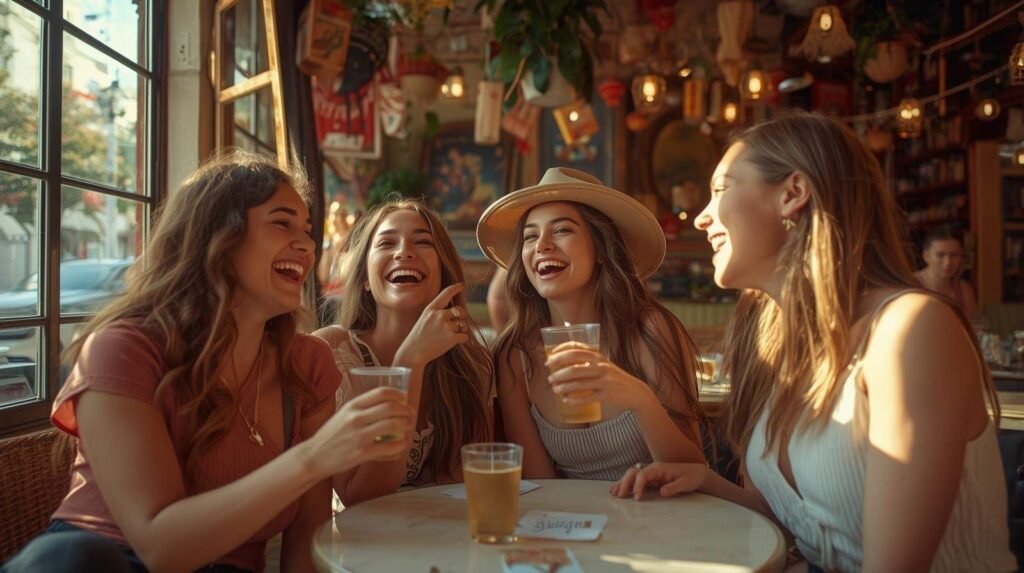 Group of young women laughing together in an Istanbul café, expressing friendship and freedom, representing the concept of utanmazkzılar.