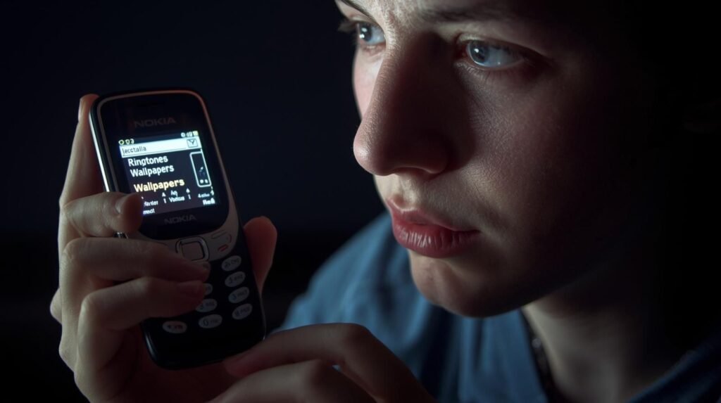 Person using an old keypad phone browsing a Wapbald-style website to download ringtones and wallpapers, capturing nostalgic early internet experience.