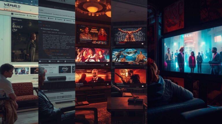 Evolution of online entertainment platforms from Wapbald-style websites to modern streaming services, showing people watching digital content across eras.