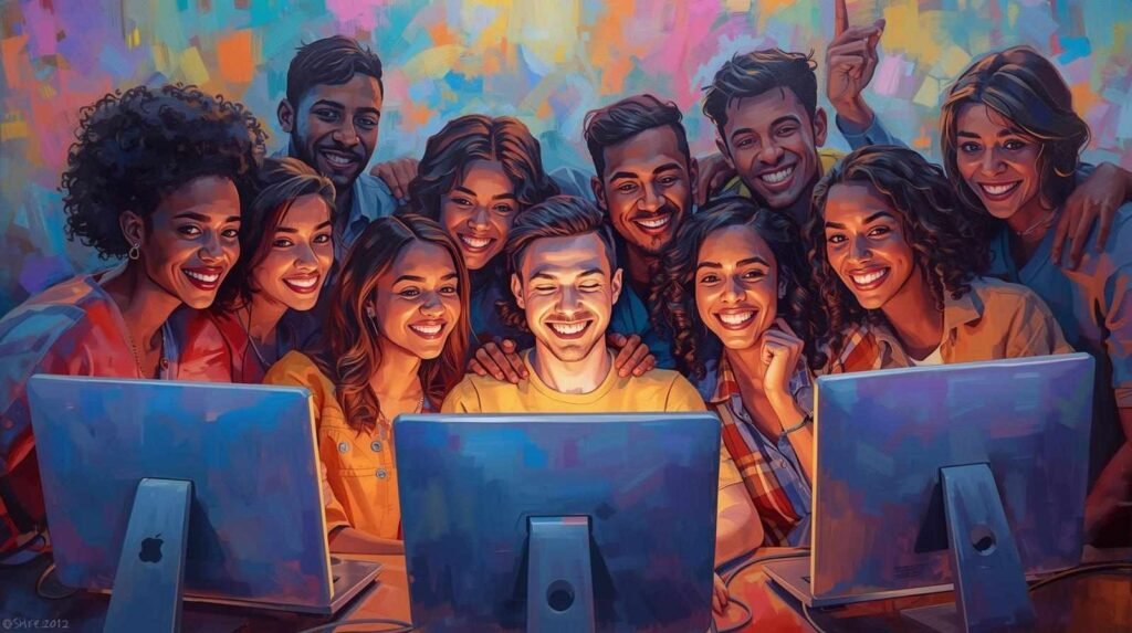People laughing together around glowing screens, symbolizing unity through internet humor and the viral trend what is pushmeer.