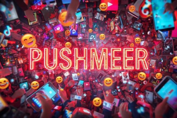What Is Pushmeer? The Shocking Truth Behind the Trend Colorful digital art showing the word “Pushmeer” glowing in neon amid smartphones, emojis, and social media icons, symbolizing the viral trend what is pushmeer.