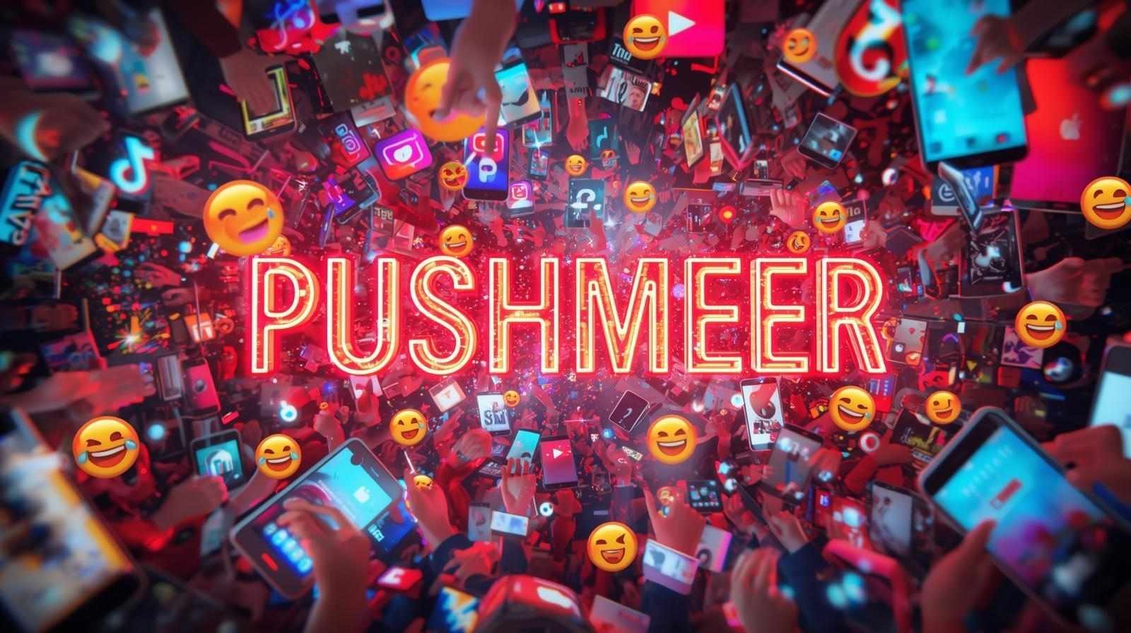 Colorful digital art showing the word “Pushmeer” glowing in neon amid smartphones, emojis, and social media icons, symbolizing the viral trend what is pushmeer.