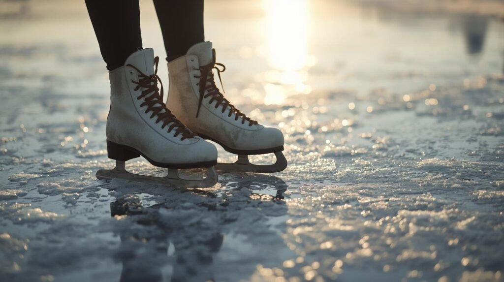 Worn figure skates resting on frosty ice under soft morning light, symbolizing growth and learning — a visual reflection of why Ksayim Hsiung wants to be an ice skater.