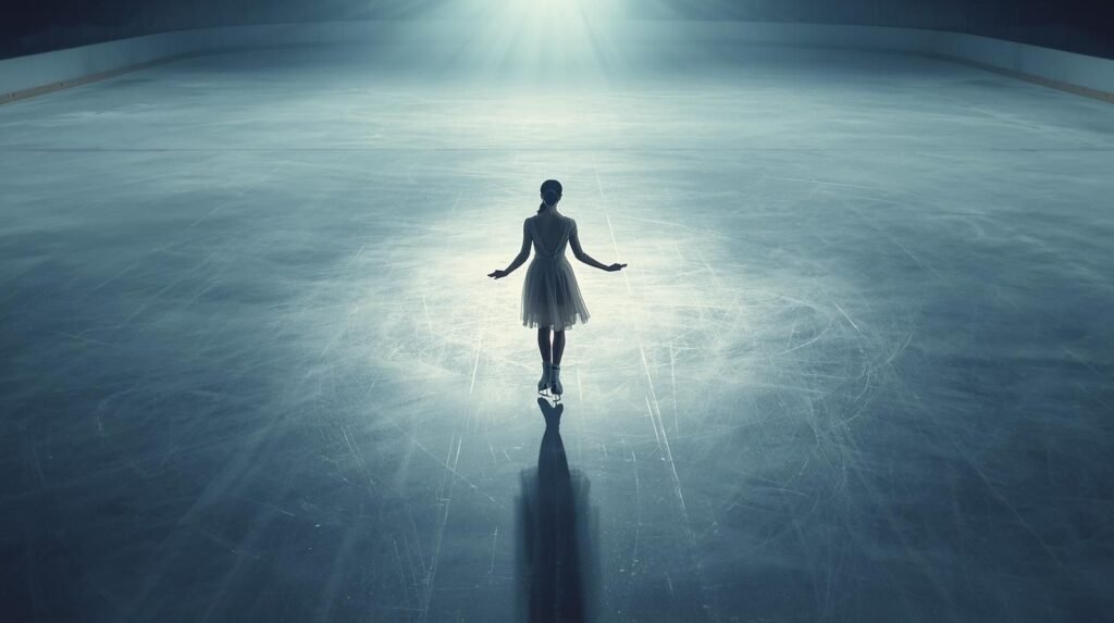 A lone female ice skater standing gracefully on an illuminated rink, facing the light, symbolizing confidence and purpose — representing why Ksayim Hsiung wants to be an ice skater.