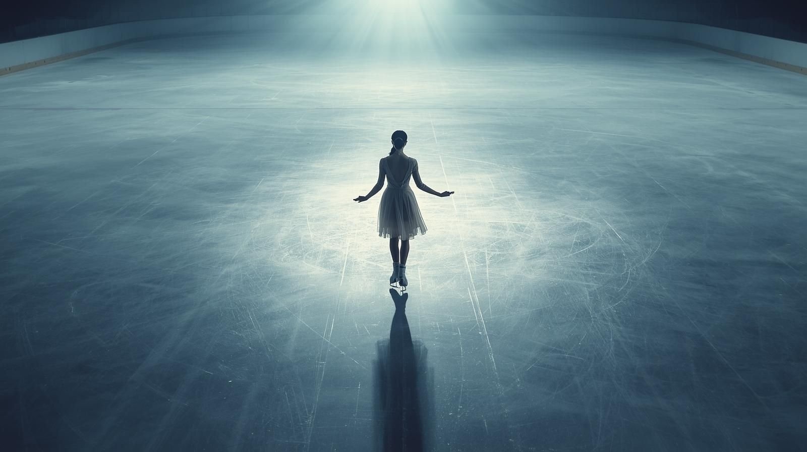 A lone female ice skater standing gracefully on an illuminated rink, facing the light, symbolizing confidence and purpose — representing why Ksayim Hsiung wants to be an ice skater.