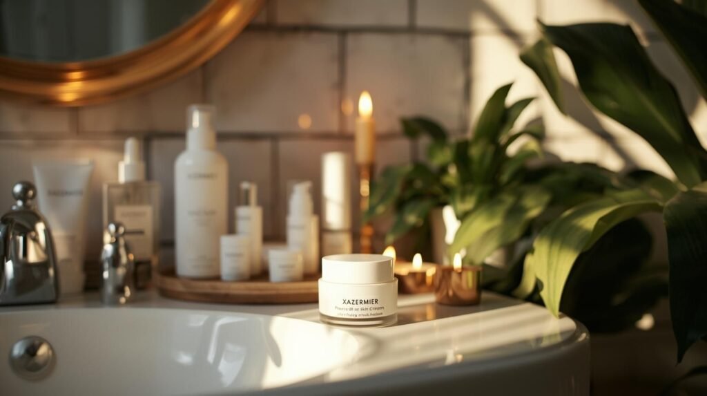 A cozy bathroom vanity with candles, plants, and skincare products featuring the Xazermier skin cream jar in focus, glowing in warm morning light.