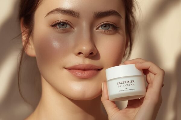 Xazermier Skin Cream Review: The Ultimate Glow Boost Woman with glowing skin holding a jar of Xazermier skin cream in warm natural light.