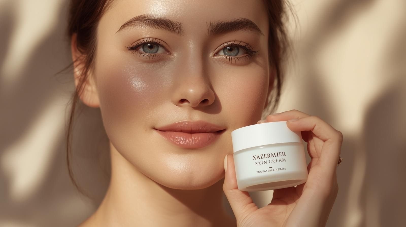 Woman with glowing skin holding a jar of Xazermier skin cream in warm natural light.