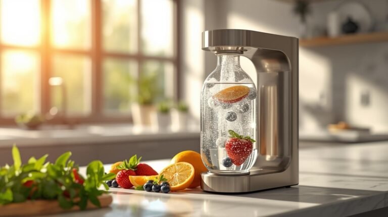 Sleek oxygen water machine on a modern kitchen countertop infusing clear water with oxygen bubbles, surrounded by fresh fruits and sunlight