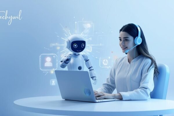 Woman using a laptop with a friendly robot assistant beside her, representing advanced chatbot technology aggr8tech