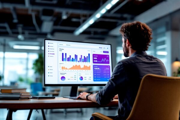 Professional using business analytics software to analyze data and visualize business trends on a large monitor in a modern office