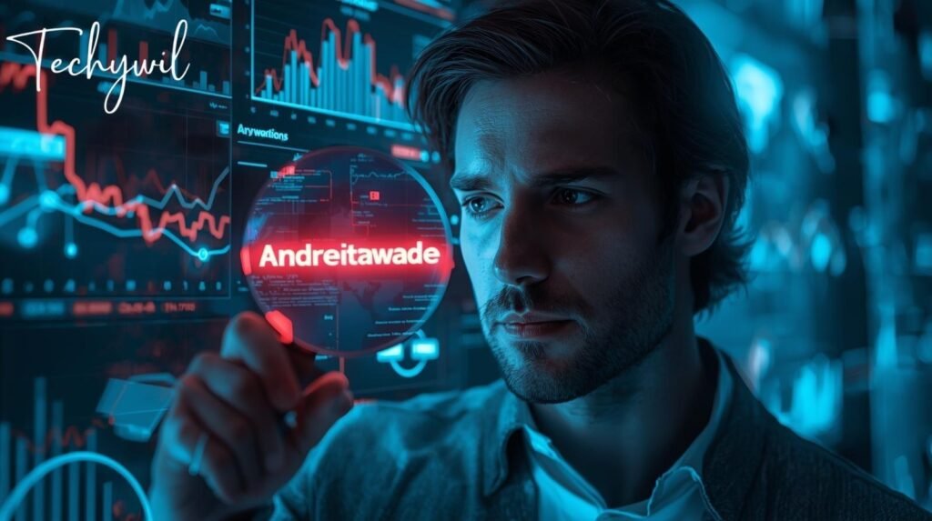 Curious marketer reviewing SEO data on a transparent screen with the keyword andreitawade highlighted in neon, surrounded by analytics graphs and keyword clouds.