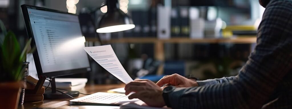 Using online fax software on a computer, printing a document while managing files in an office setting