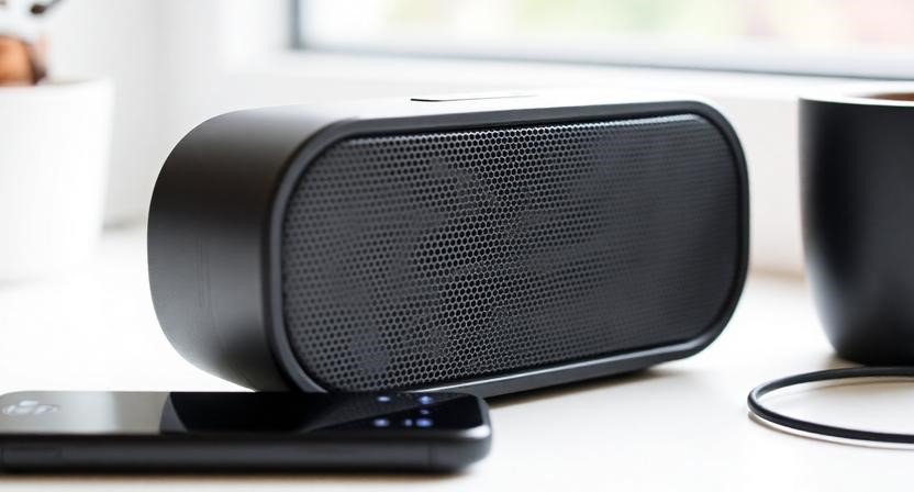 Portable Bluetooth speaker placed on a table next to a smartphone and coffee cup, offering wireless music convenience