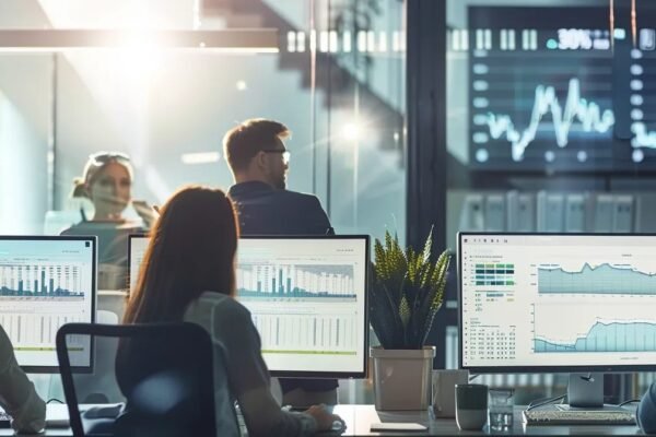 Employees analyzing dashboards on a technology expense management system in a modern office setting