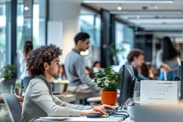 Office workers using online fax software for efficient document management in a modern workspace