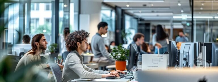 Office workers using online fax software for efficient document management in a modern workspace