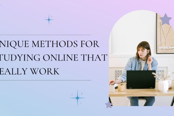 Woman studying online at home using a laptop, representing effective and unique online learning methods.