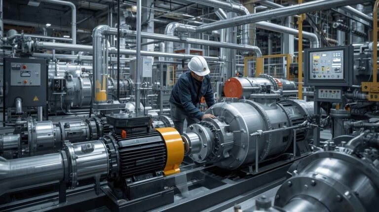 Technician working on advanced pump systems in an industrial setting, ensuring efficient operation of pumps and machinery