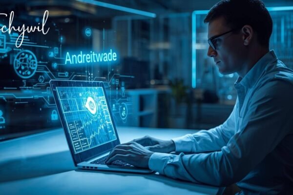 A digital marketer analyzing SEO data on a laptop with the keyword andreitawade highlighted on a futuristic transparent interface in neon blue.