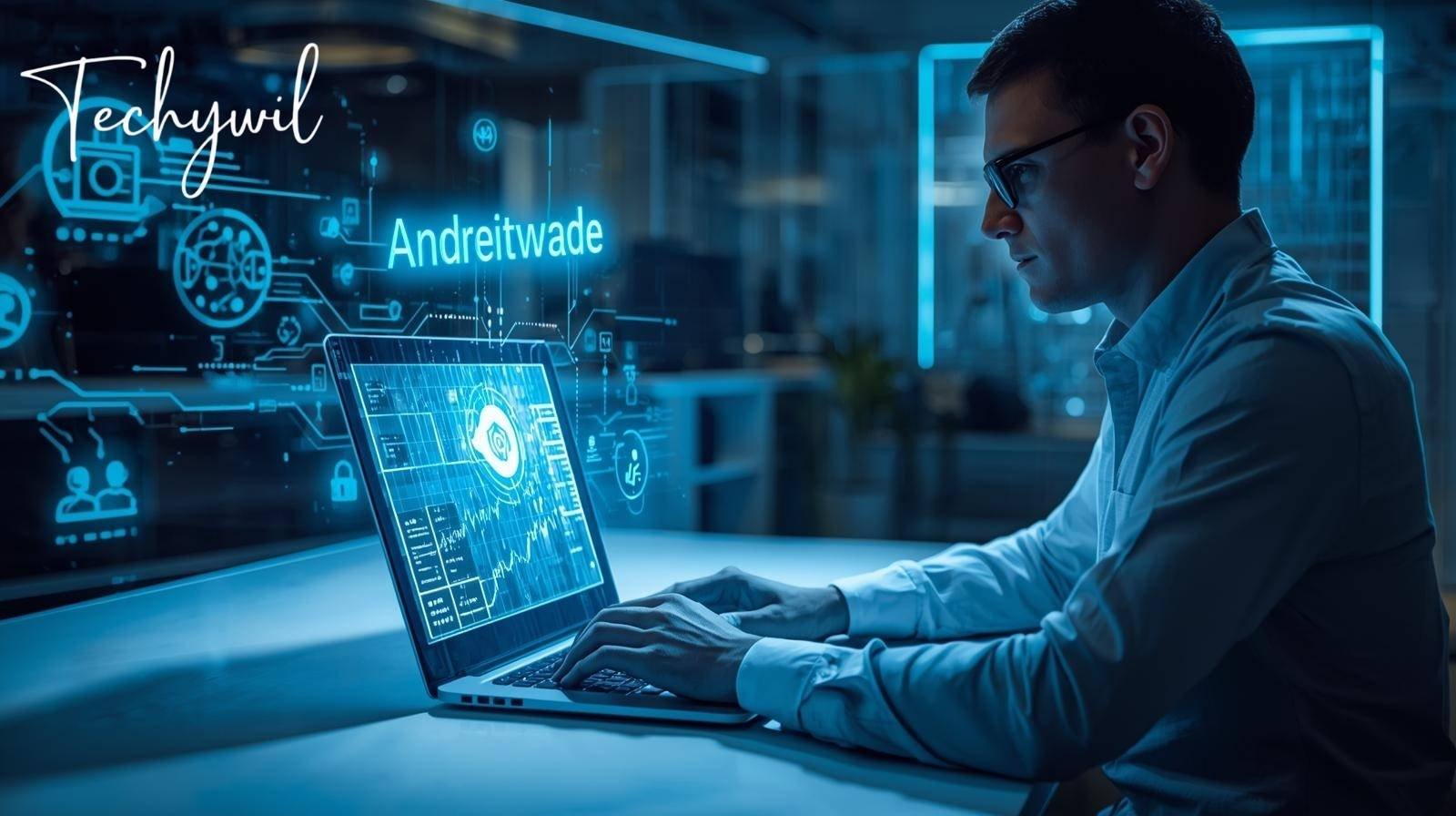 A digital marketer analyzing SEO data on a laptop with the keyword andreitawade highlighted on a futuristic transparent interface in neon blue.