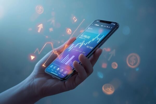 Hand holding a smartphone displaying live market charts and graphs, representing the Best Trading App interface.