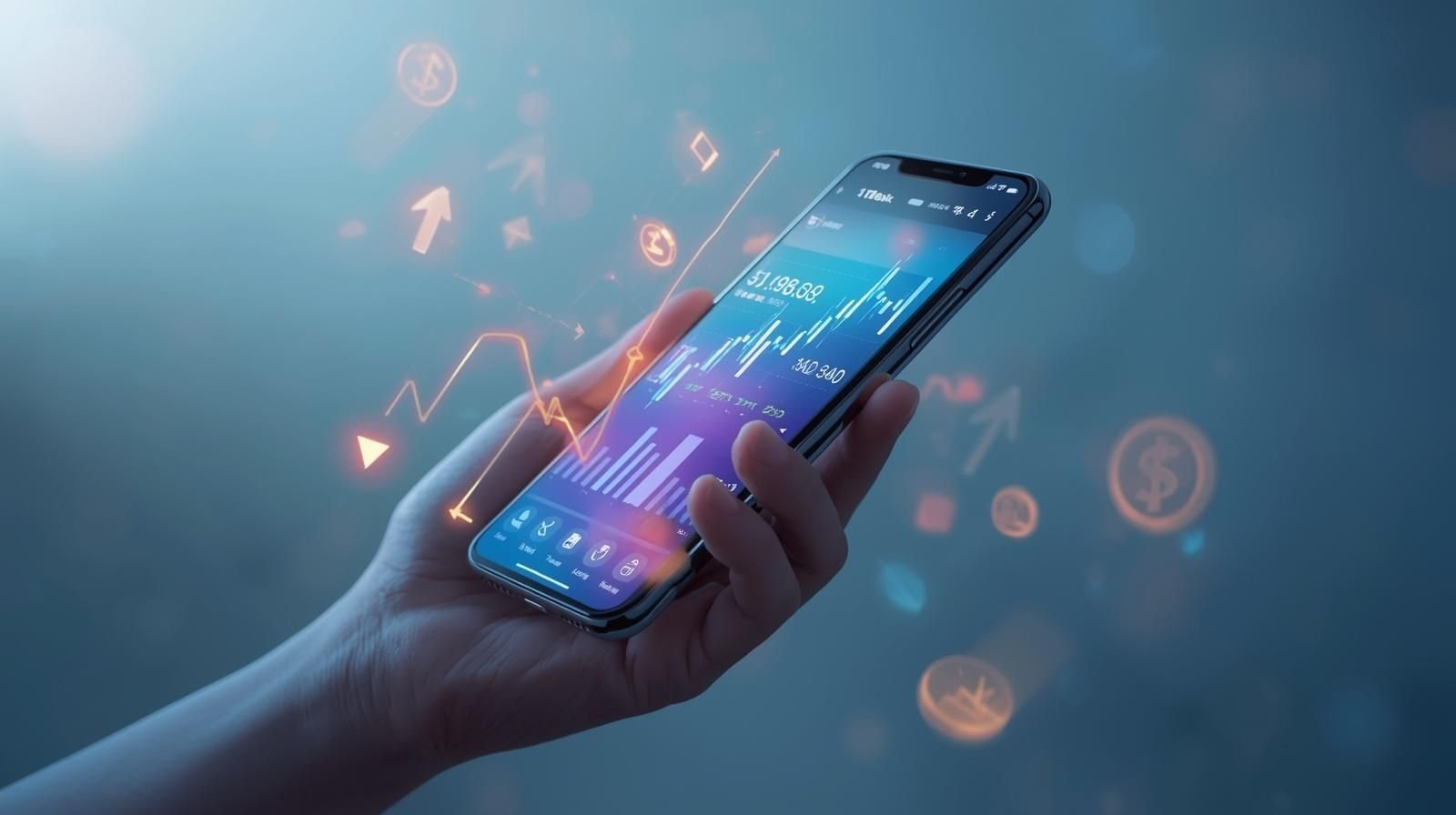 Hand holding a smartphone displaying live market charts and graphs, representing the Best Trading App interface.
