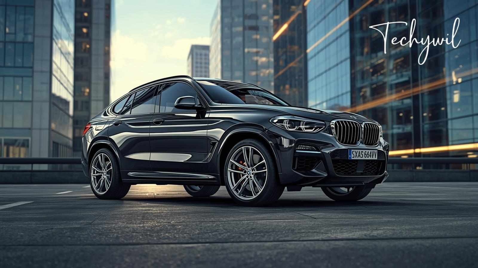 BMW X4 luxury SUV parked in a modern city setting, showcasing its sleek design and sporty performance. The bmvx4 stands out with its aggressive grille and sporty stance