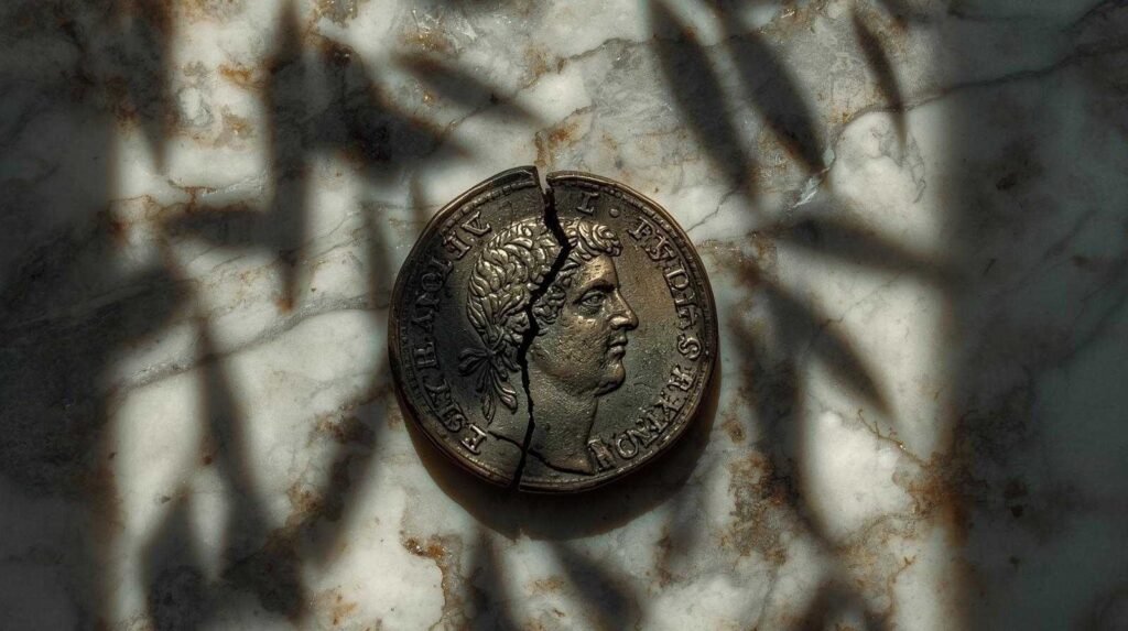 Broken Roman coin of Hostilien with cracked face on marble, symbolizing the fallen emperor and decline of Rome.