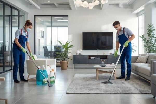 Professional cleaners from a Columbus Cleaning Company cleaning a modern office space, showcasing effective cleaning techniques and eco-friendly products