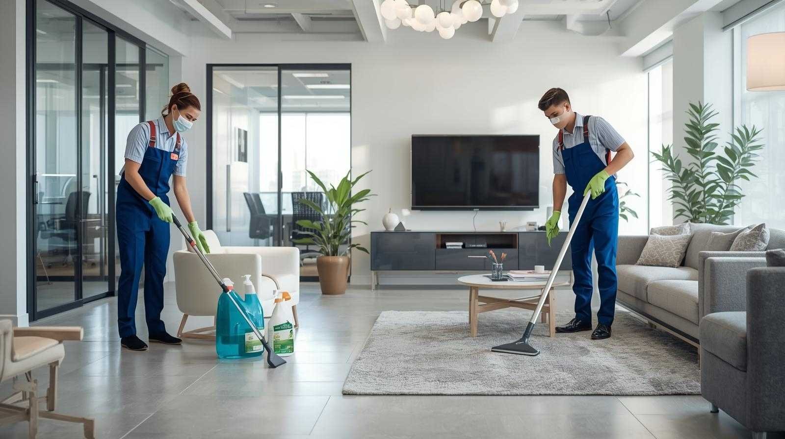 Professional cleaners from a Columbus Cleaning Company cleaning a modern office space, showcasing effective cleaning techniques and eco-friendly products