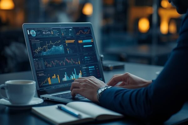 Professional analyzing data visualizations on a laptop, symbolizing the importance of data scientist classes for marketing and business success