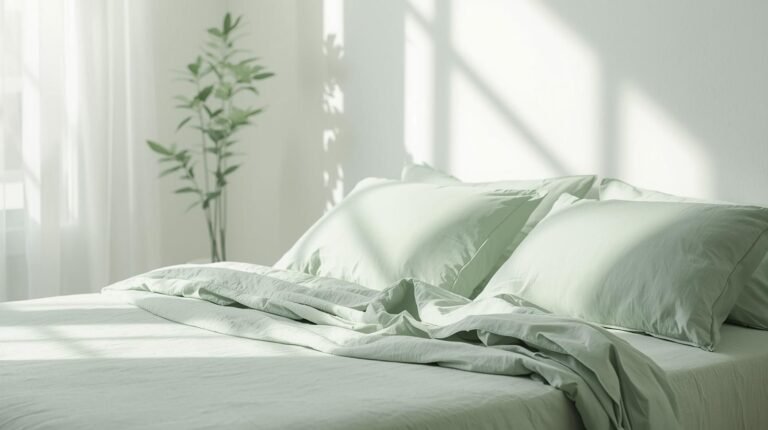 Eco-friendly Disposable Sheets and Pillowcases on a neatly made bed in a bright, minimalist bedroom with natural sunlight and soft green tones.