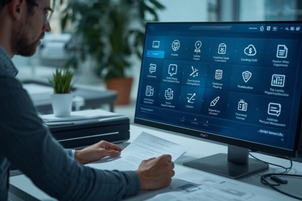 Document digitization software in use, showcasing a professional workspace with a user scanning documents and managing digital files on a screen