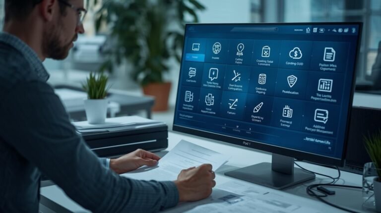 Document digitization software in use, showcasing a professional workspace with a user scanning documents and managing digital files on a screen