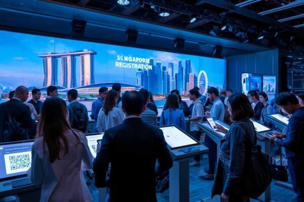 Event registration at a large venue in Singapore, showcasing attendees using tablets for smooth check-ins through an event registration platform