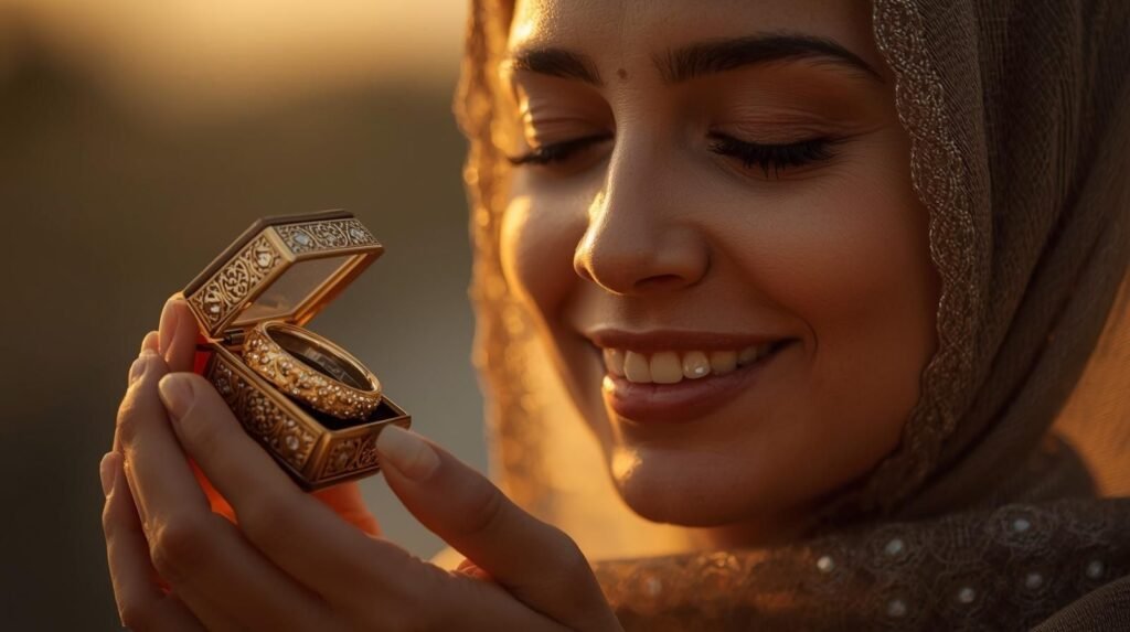 Woman holding a small Fedsolife jewelry box with a gold bracelet inside, captured in warm golden hour light, showing elegance and satisfaction.