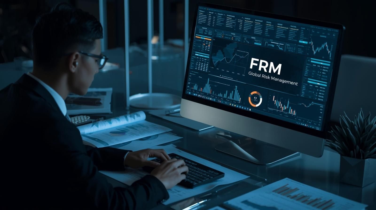 Professional working on FRM Course with data visualization for global risk management