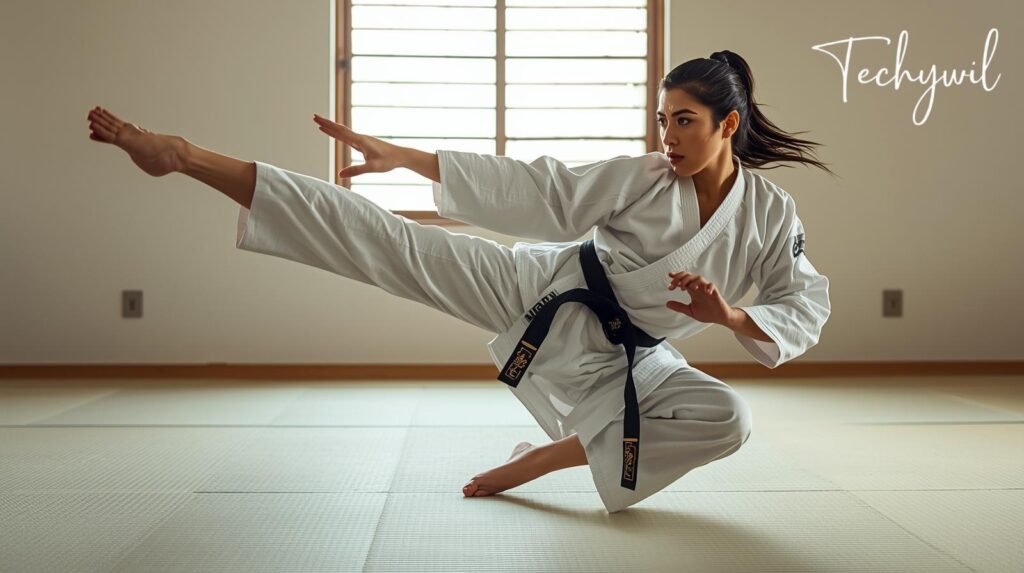 Martial artist in a powerful, fluid kick that embodies the Grasshopper Budo Shape with precise movement and balance in a dojo setting