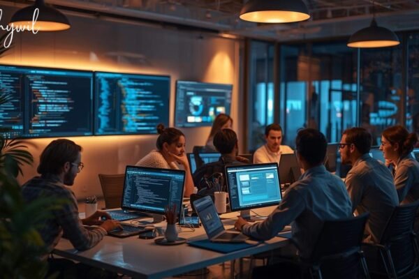 A team of software developers working together in a modern office environment, illustrating the concept of hiring right dedicated developers for business.