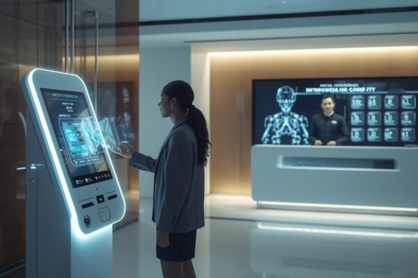 Hospitality automation in action with a guest using a self-check-in kiosk and AI-powered service at a modern hotel lobby