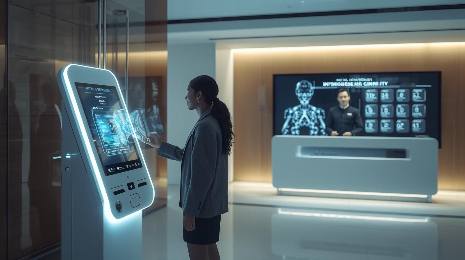 Hospitality automation in action with a guest using a self-check-in kiosk and AI-powered service at a modern hotel lobby