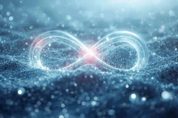 Abstract digital art showing a glowing infinity symbol merging with microscopic particles, representing the infinity tesimal concept of limitless smallness.