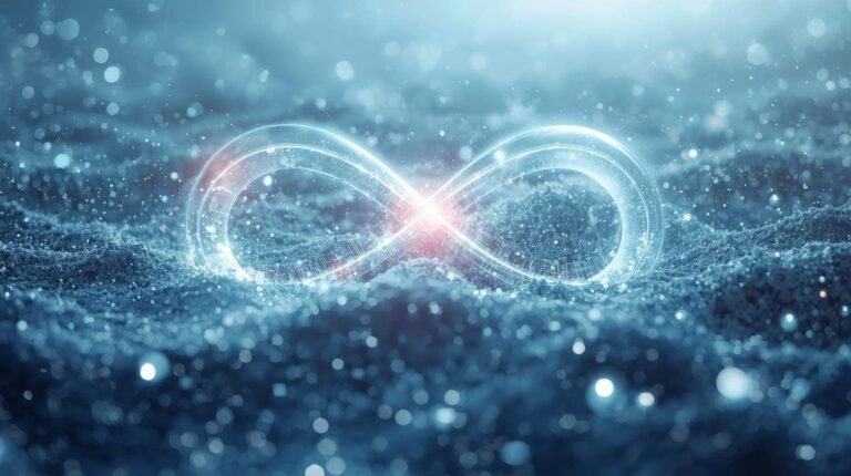 Abstract digital art showing a glowing infinity symbol merging with microscopic particles, representing the infinity tesimal concept of limitless smallness.
