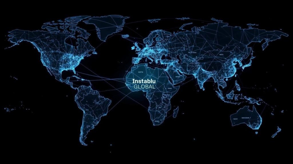 Instablu Global digital map showing blue network lines symbolizing worldwide creative connectivity and innovation.
