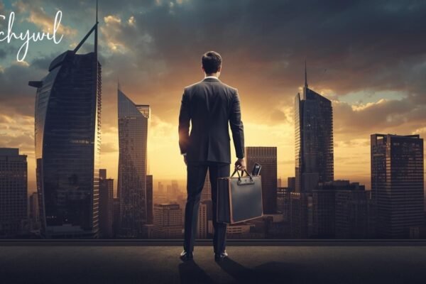 Jaryn Arnold Rothman standing confidently with a briefcase, overlooking a city skyline symbolizing business success and personal challenges